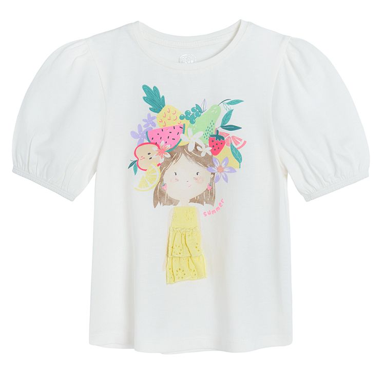 White short sleeve T-shirt with girl and summer fruit print