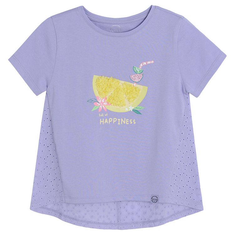Violet short sleeve T-shirt with lemon print Happiness