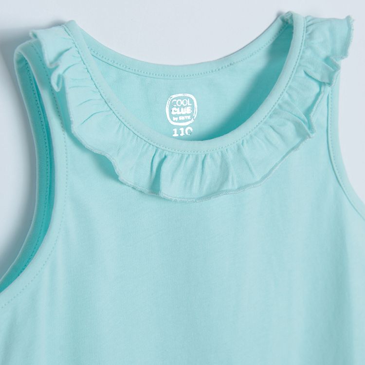 Turquoise sleeveless T-shirt with ruffle on the colar