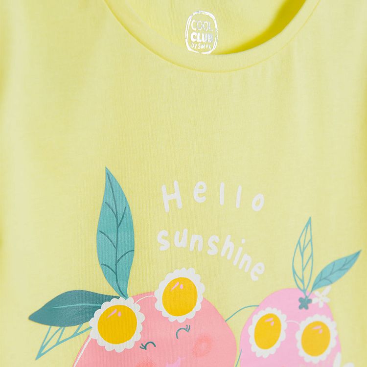 Pink yellow light green T-shirts with summer fruits pring- 3 pack