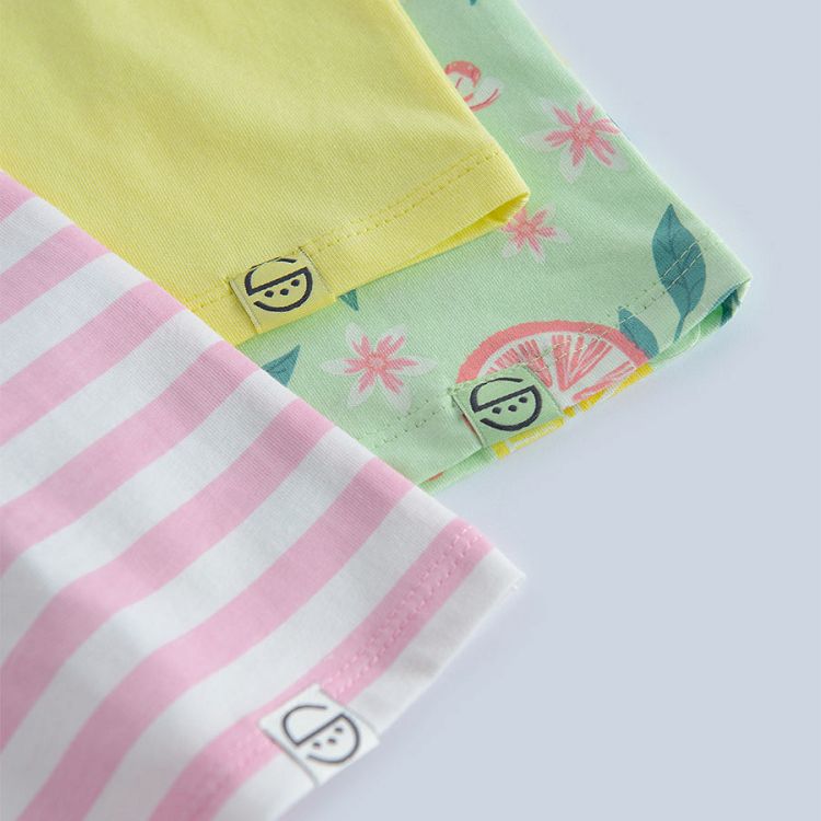 Pink yellow light green T-shirts with summer fruits pring- 3 pack