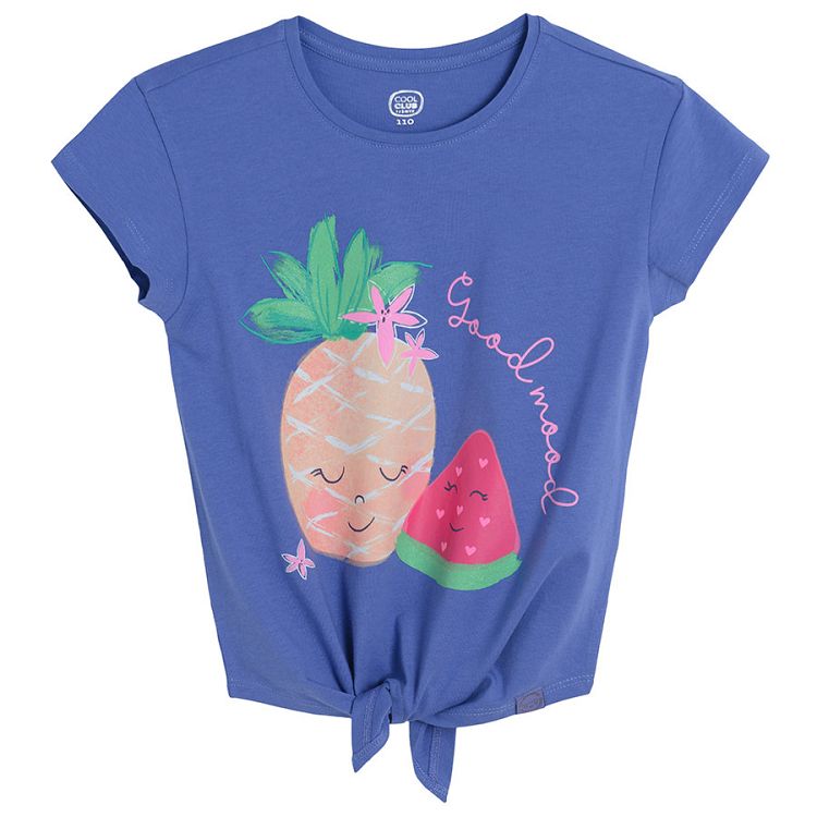 Violet short sleeve T-shirt with pineapple and watermelon print and knot on the front