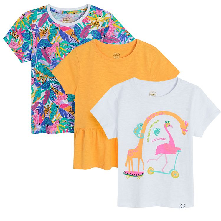 White with animals pink with tropical leaves and yellow short sleeve T-shirts- 3 pack