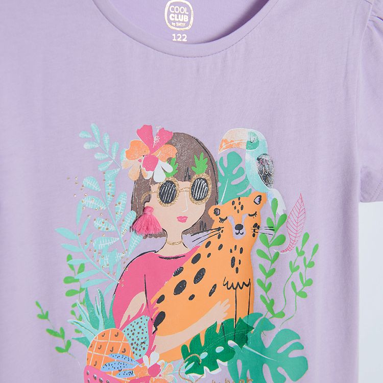 Violet short sleeve T-shirt with girl and wild animals and orange leggings set