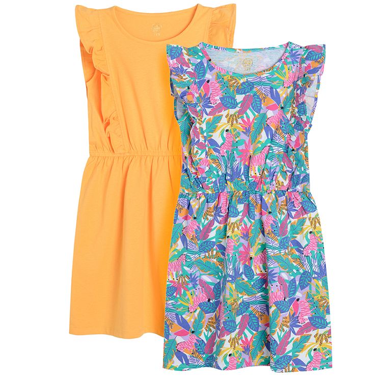White with tropical leaves and orange sleeveless dresses- 2 pack