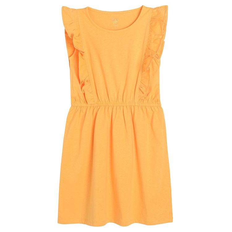 Φόρεμα 2 τμχ αμάνικο πορτοκαλί και πολύχρωμο με τροπικά φύλλα και βολάν