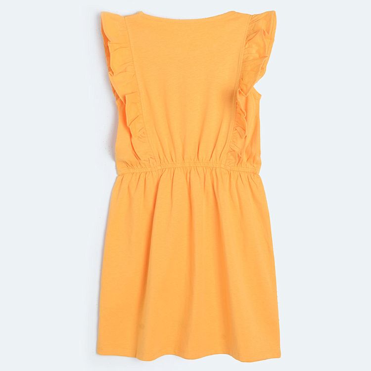 Φόρεμα 2 τμχ αμάνικο πορτοκαλί και πολύχρωμο με τροπικά φύλλα και βολάν