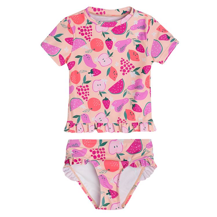 Peach short sleeve blouse and brief swimming suit with summer fruit print- 2 pieces