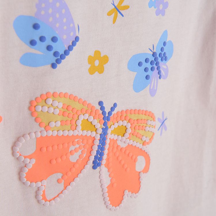 Light pink sleeveless T-shirt with butterflies print and ruffles on the shoulders