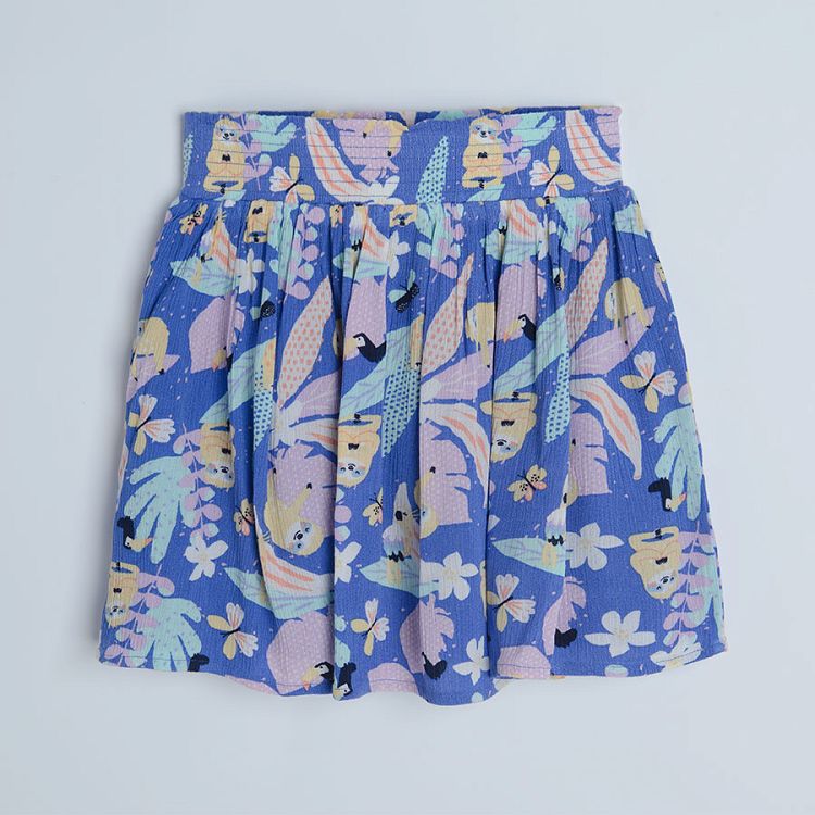 Blue skirt with elastic waist and tropical leaves print