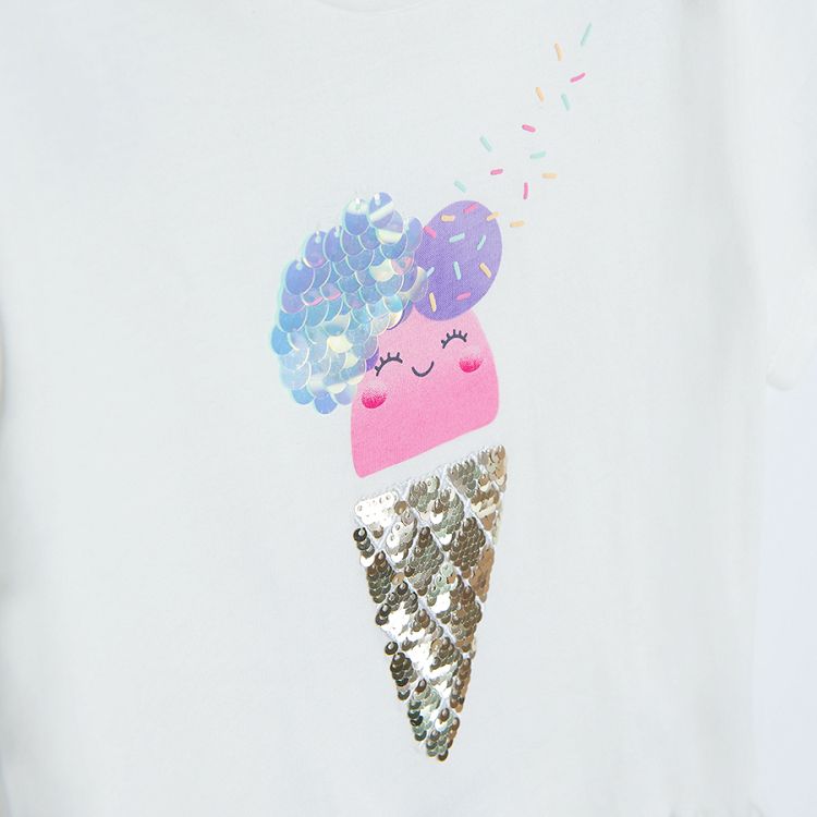 Cream short sleeve T-shirt with sequin ice-cream and fringes