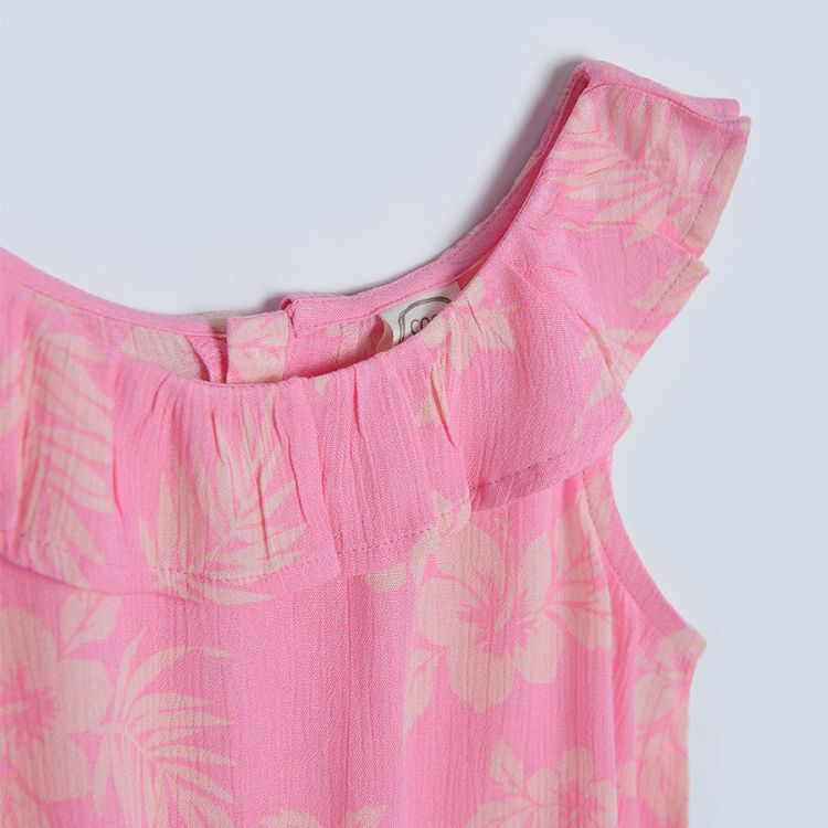 Pink floral sleeveless crop top with ruffle neckline