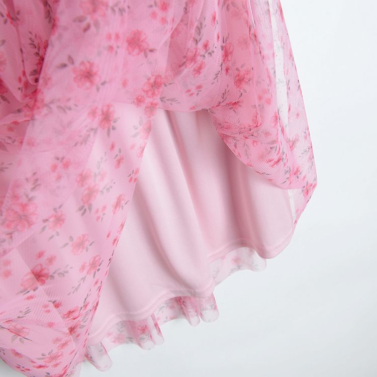 Φόρεμα ροζ τούλινο με μανίκι 3/4  βολάν και λουλούδια