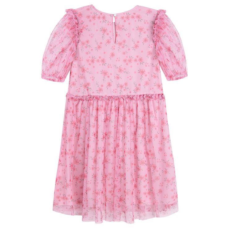 Pink floral puffy short sleeve party summer dress