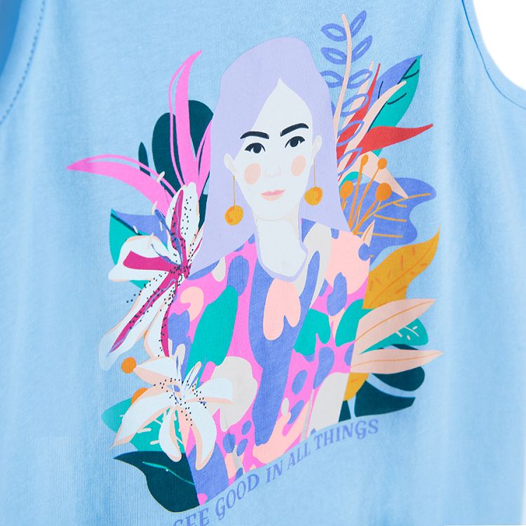 Light blue sleeveless T-shirt with woman and flowers SEE GOOS IN ALL THINGS print