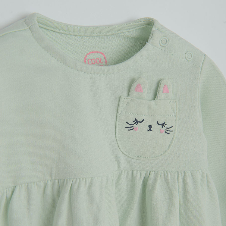 Light green long sleeve dress with kitten on the chest pocket