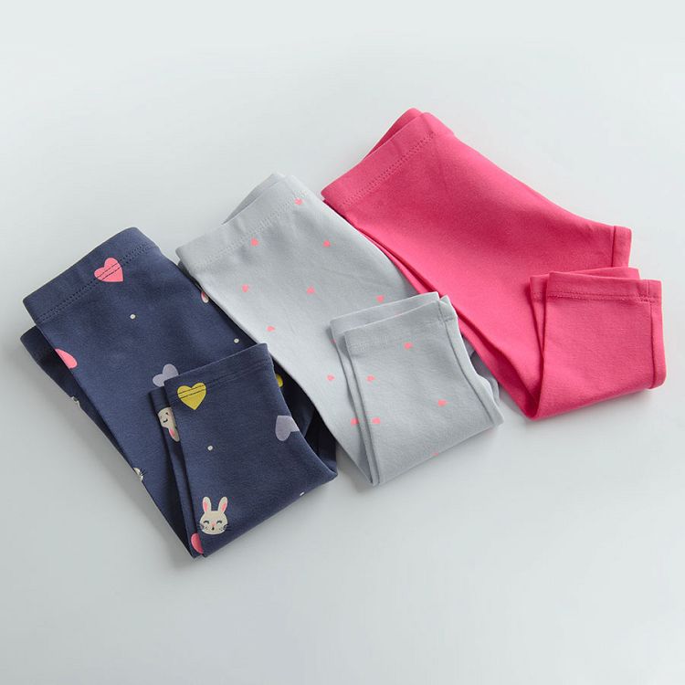 Dark blue with hearts and bunnies, fuchsia and light blue with small hears leggings- 3 pack