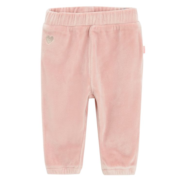 Pink velvet jogging pants with small gold heart print