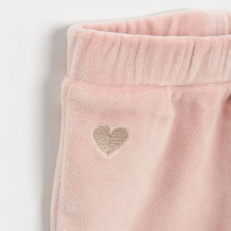 Pink velvet jogging pants with small gold heart print