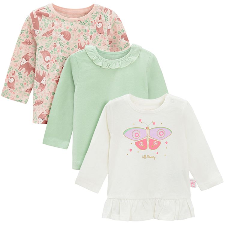 White with butterfly, pink floral and green long sleeve blouses- 3 pack