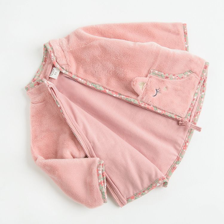 Pink zip through fleece jacket with kitten prints