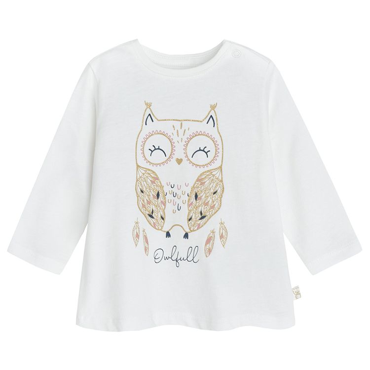 White long sleeve blouse with owl print