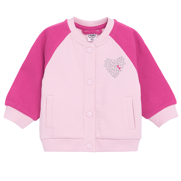 Pink button down sweatshirt with 'Je t'aime' print on the back