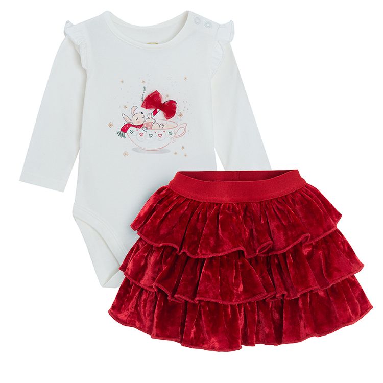 White long sleeve bodysuit with mouse in a cup print and red skirt with ruffles