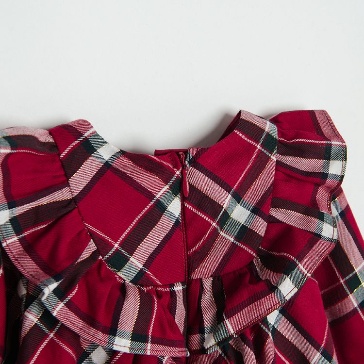 Red checked party long sleeve dress with bow and white tights