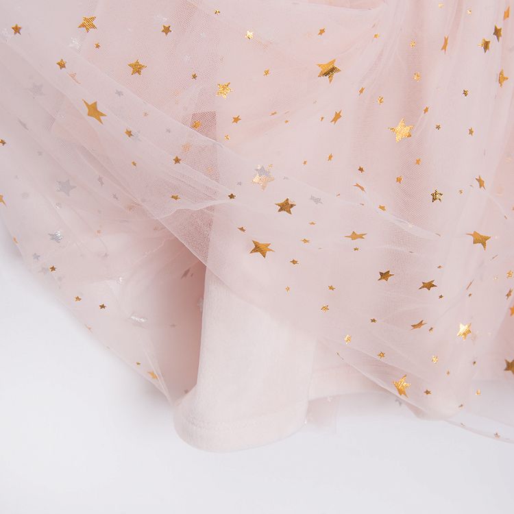 Φόρεμα μακρυμάνικο ροζ από βελούδο με τούλινη φούστα με αστεράκια