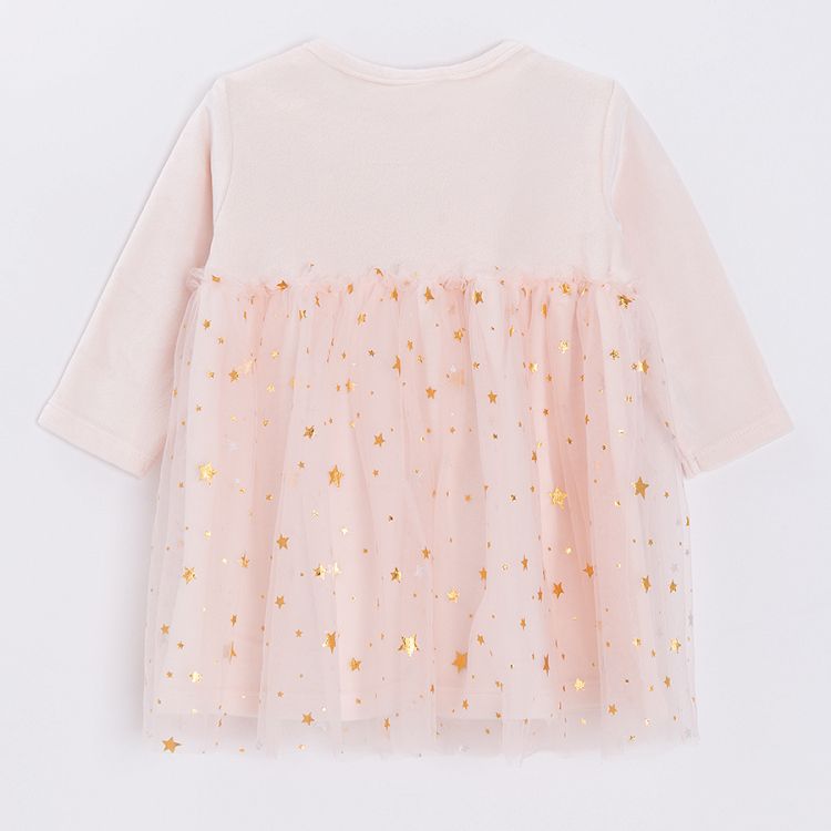Ecru long sleeve party dress with gold details and tulle skirt