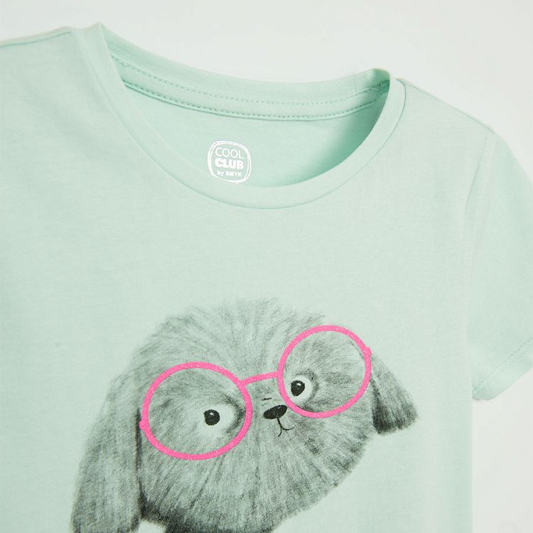 Light blue short sleeve T-shirt with dog print and 'Make today GREAT' print