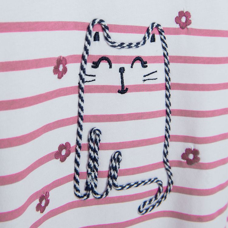 White and red stripes long sleeve blouse with cat print