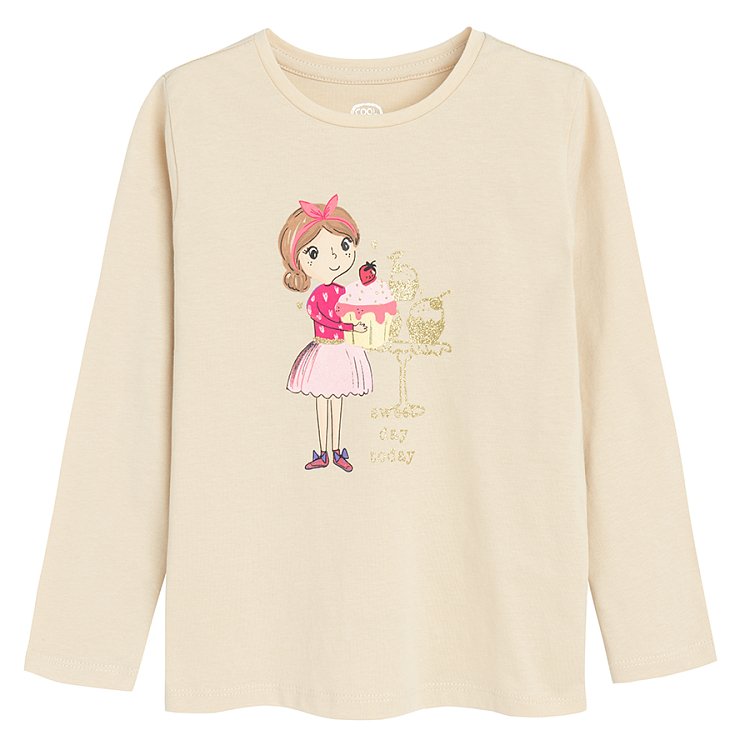 Μπλούζα μακρυμάνικη 3 τμχ κόκκινη, λευκή και εκρού με στάμπα cupcakes