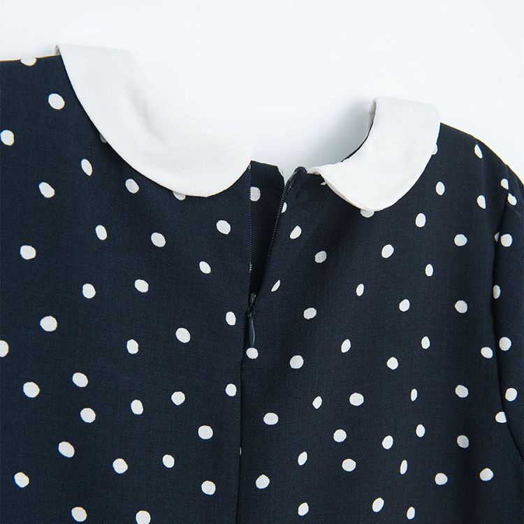 Blue and white polka dot short sleeve dress with belt