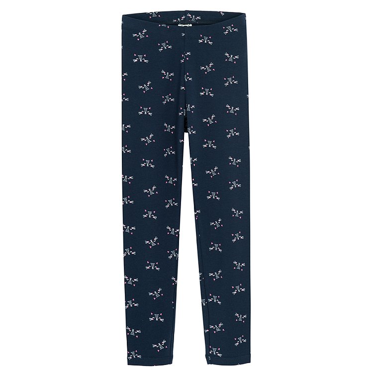 Dark blue with white prints and pink with kittens print leggins- 2 pack