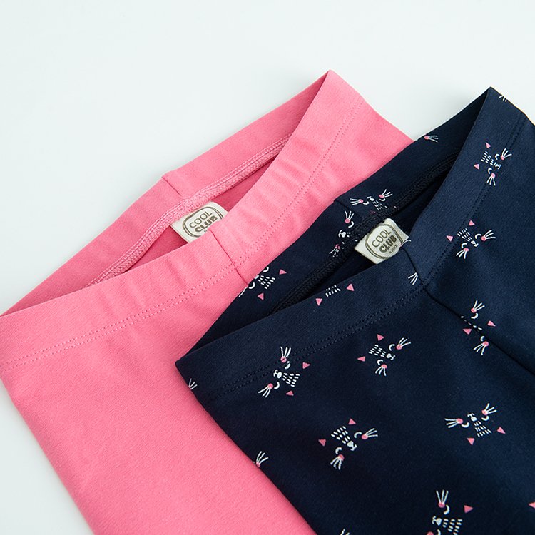 Dark blue with white prints and pink with kittens print leggins- 2 pack
