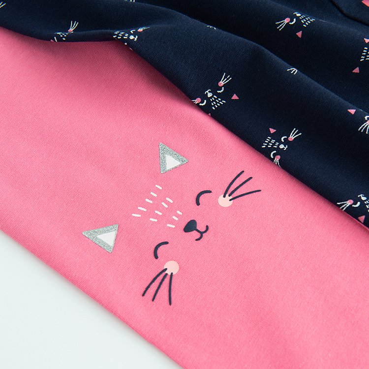 Dark blue with white prints and pink with kittens print leggins- 2 pack