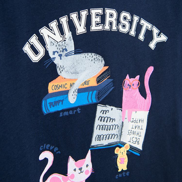 Μπλούζα κοντομάνικη μπλε με στάμπα γάτες UNIVERSITY