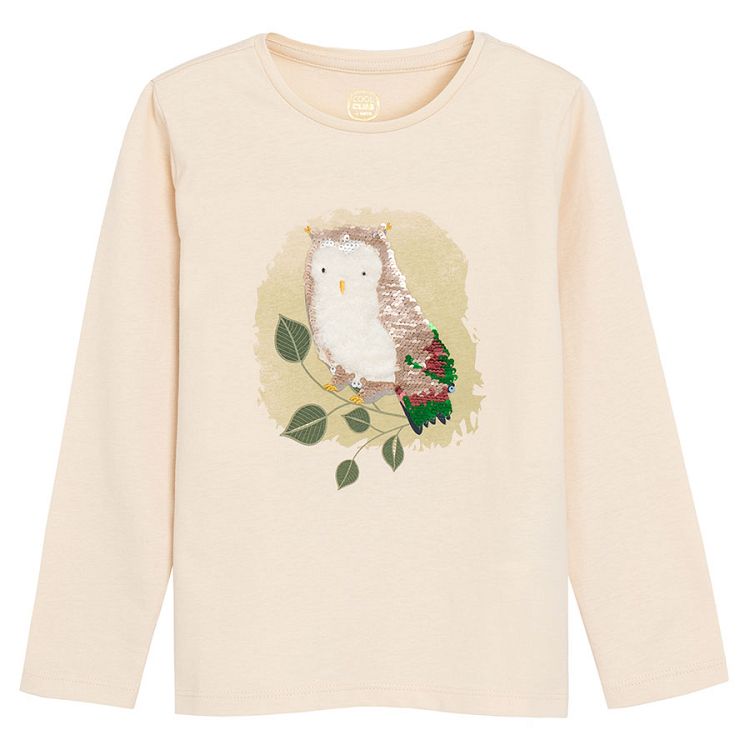 Beige long sleeve blouse with owl sequin print