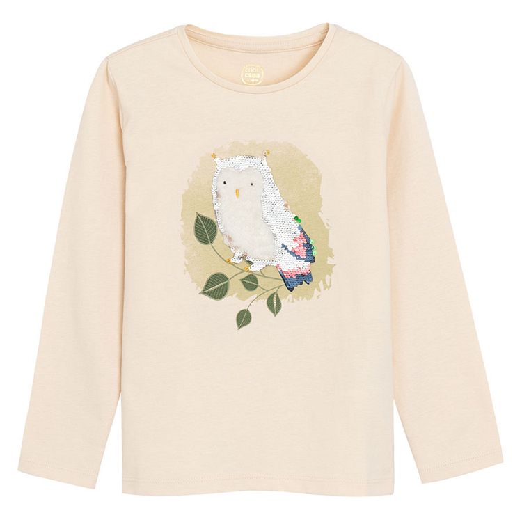 Beige long sleeve blouse with owl sequin print