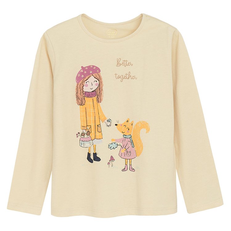 Ecru, yellow and pink long sleeve blouses with fox and girl print