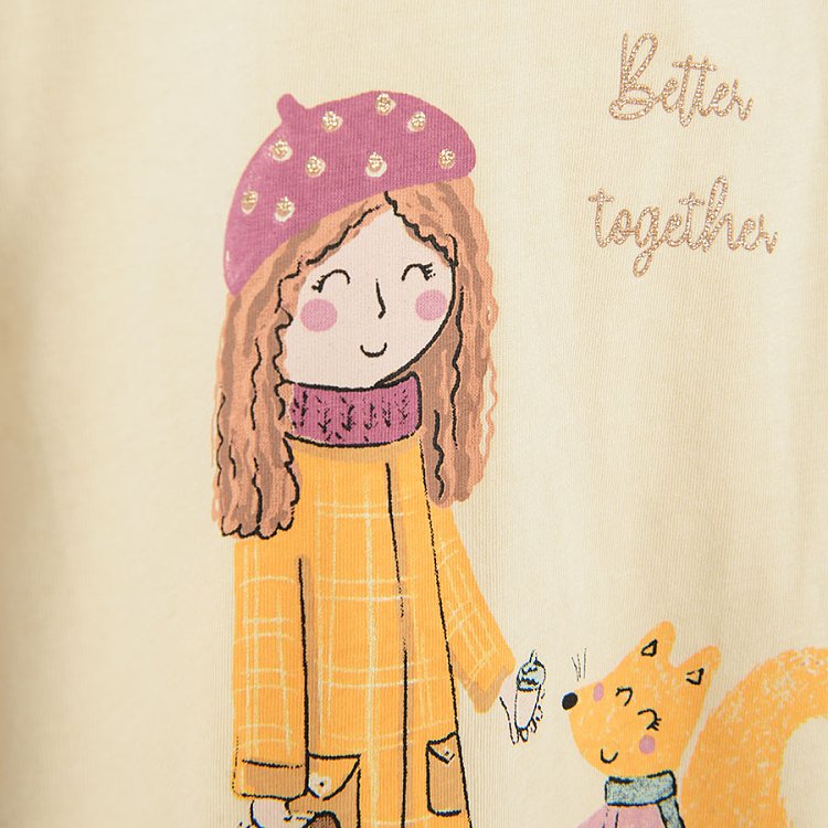 Ecru, yellow and pink long sleeve blouses with fox and girl print