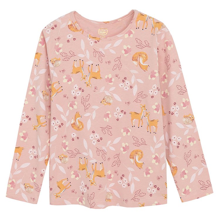 Ecru, yellow and pink long sleeve blouses with fox and girl print