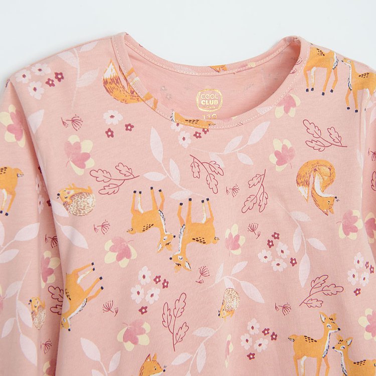 Ecru, yellow and pink long sleeve blouses with fox and girl print