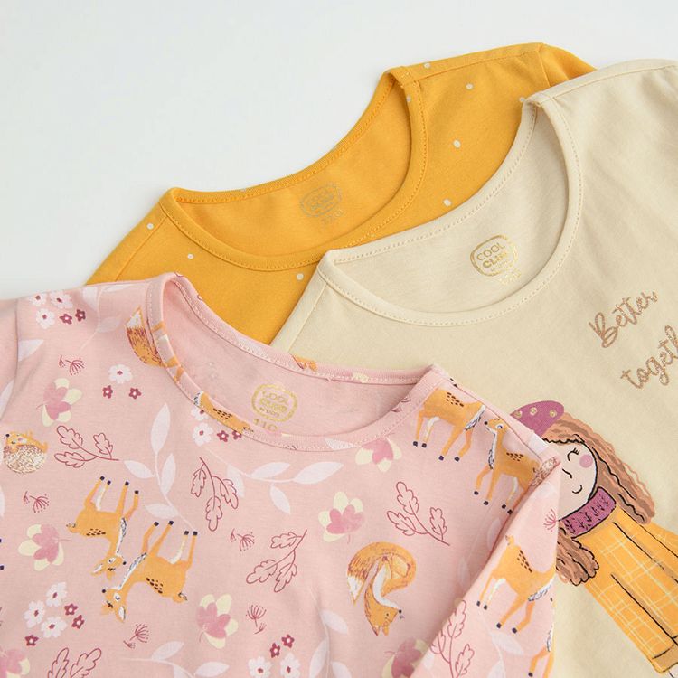Ecru, yellow and pink long sleeve blouses with fox and girl print