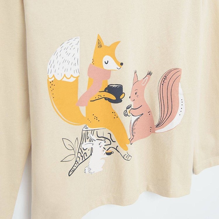 Beige long sleeve blouse with Forest Friends print