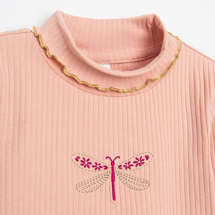 Μπλούζα μακρυμάνικη ζιβάγκο ροζ με κεντημένη στάμπα πεταλούδα