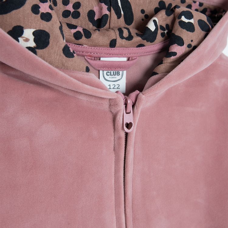 Velvet zip through sweatshirt with animal print lining on the hood