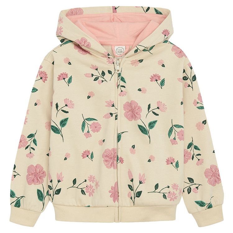 Ecru floral hooded zip through sweatshirt